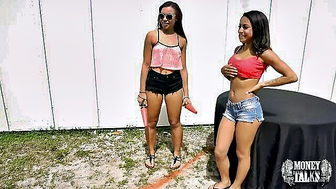 Curvy Latinas pose outdoors full scene